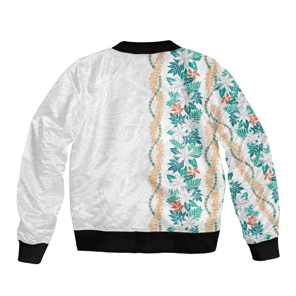 Monstera Tiare Plumeria Bomber Jacket Teal Polynesian Pattern LT01 - Polynesian Pride