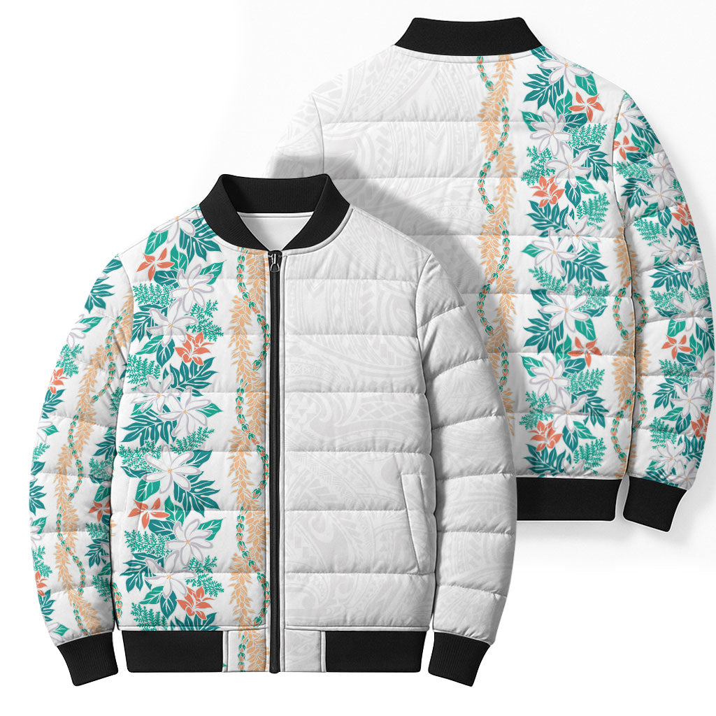 Monstera Tiare Plumeria Bomber Puffer Jacket Teal Polynesian Pattern LT01 - Polynesian Pride