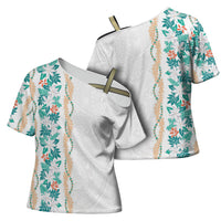 Monstera Tiare Plumeria Cross Shoulder Shirt Teal Polynesian Pattern LT01 - Polynesian Pride