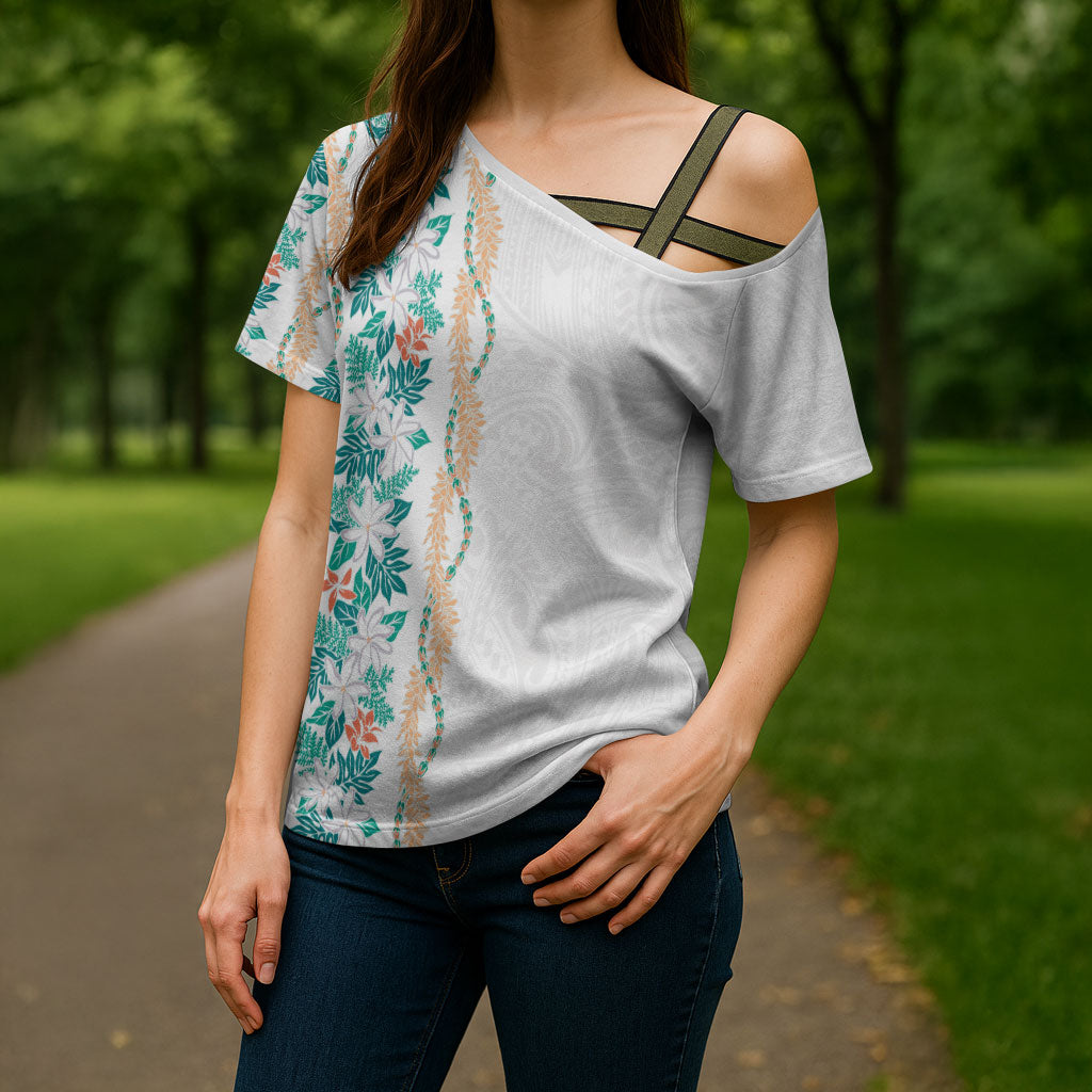 Monstera Tiare Plumeria Cross Shoulder Shirt Teal Polynesian Pattern LT01 - Polynesian Pride