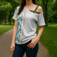 Monstera Tiare Plumeria Cross Shoulder Shirt Teal Polynesian Pattern LT01 - Polynesian Pride
