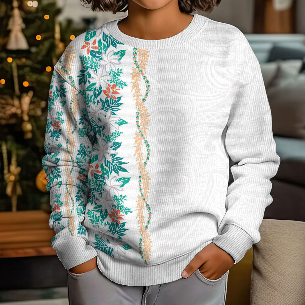 Monstera Tiare Plumeria Kid Ugly Christmas Sweater Teal Polynesian Pattern LT01 - Polynesian Pride