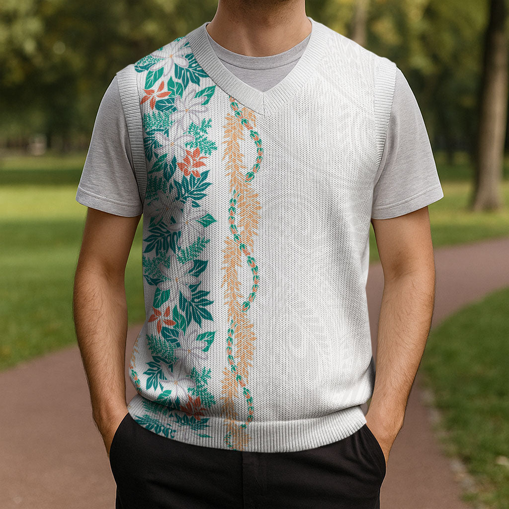 Monstera Tiare Plumeria Christmas Knitted V-Neck Vest Teal Polynesian Pattern LT01 - Polynesian Pride