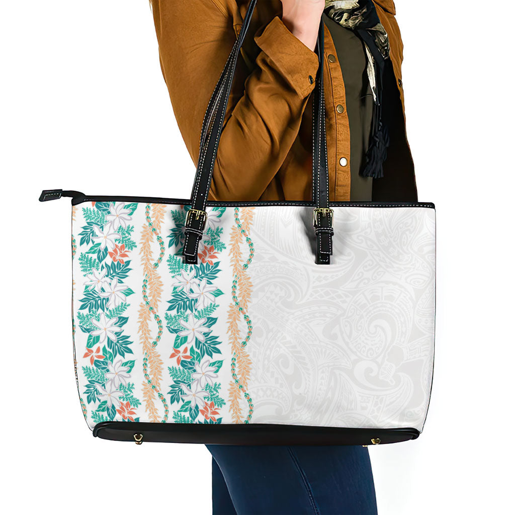 Monstera Tiare Plumeria Leather Tote Bag Teal Polynesian Pattern LT01 - Polynesian Pride