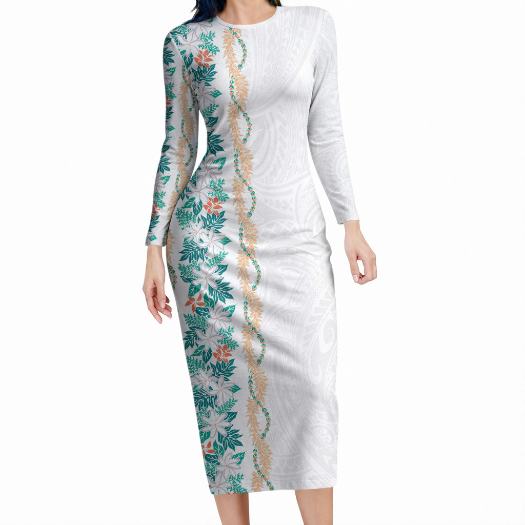 Monstera Tiare Plumeria Long Sleeve Bodycon Dress Teal Polynesian Pattern LT01 Long Dress Teal - Polynesian Pride