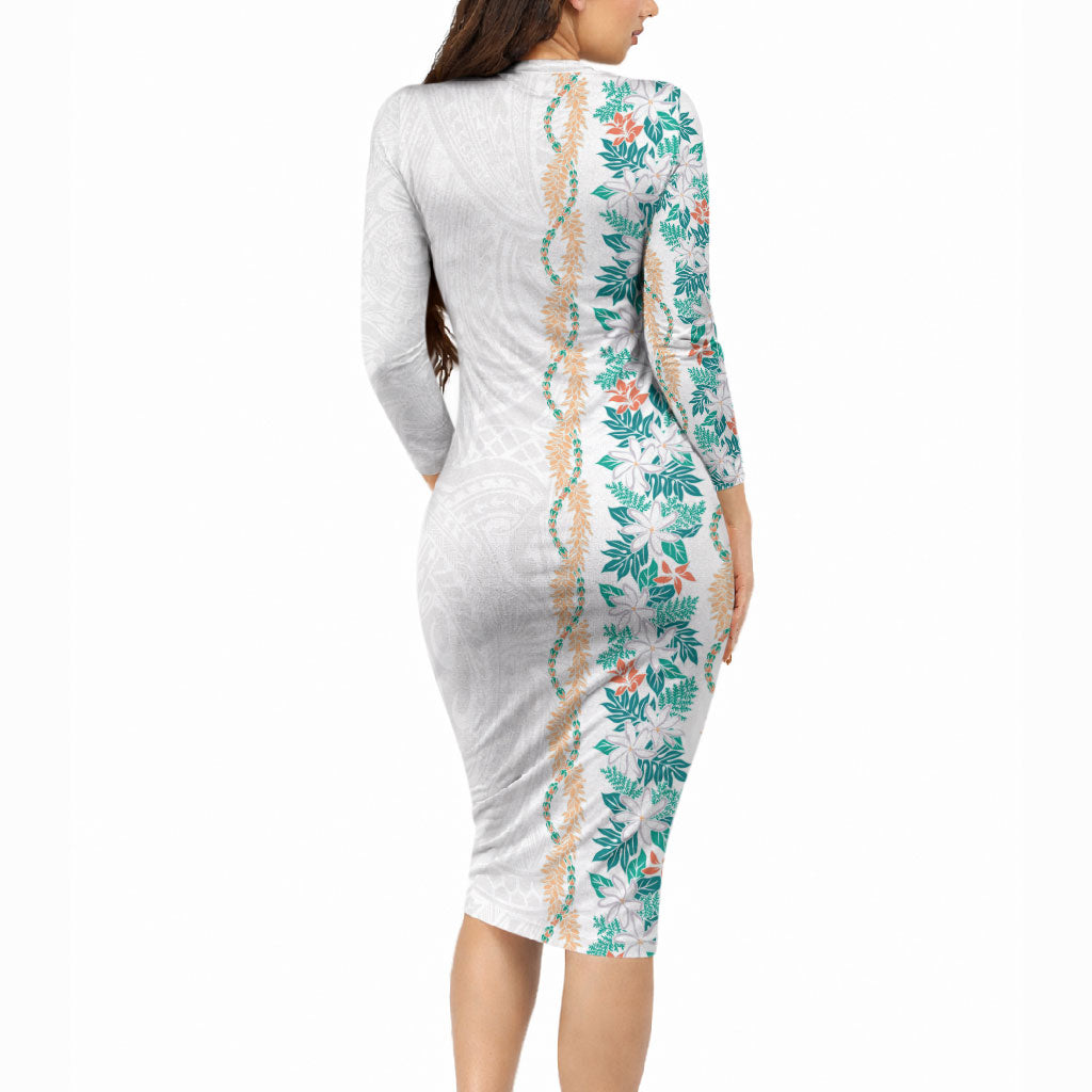 Monstera Tiare Plumeria Long Sleeve Bodycon Dress Teal Polynesian Pattern LT01 - Polynesian Pride