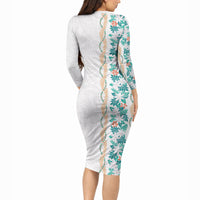 Monstera Tiare Plumeria Long Sleeve Bodycon Dress Teal Polynesian Pattern LT01 - Polynesian Pride