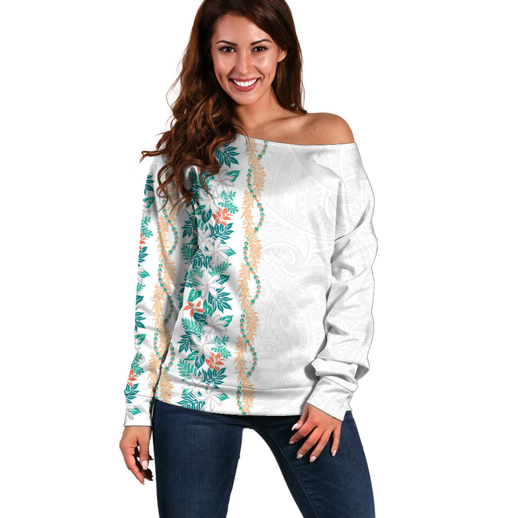 Monstera Tiare Plumeria Off Shoulder Sweater Teal Polynesian Pattern LT01 Women Teal - Polynesian Pride