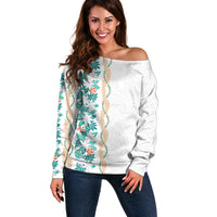 Monstera Tiare Plumeria Off Shoulder Sweater Teal Polynesian Pattern LT01 Women Teal - Polynesian Pride