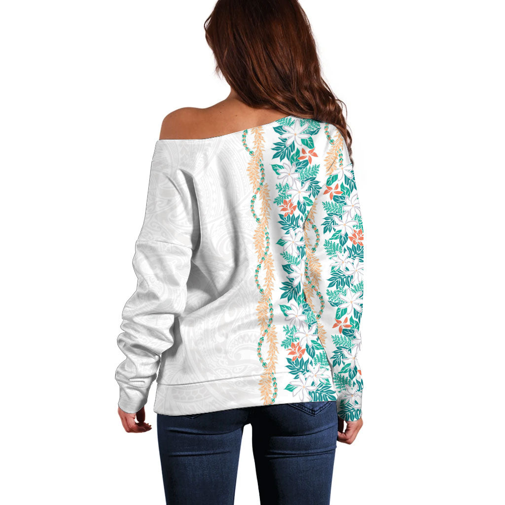 Monstera Tiare Plumeria Off Shoulder Sweater Teal Polynesian Pattern LT01 - Polynesian Pride