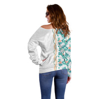 Monstera Tiare Plumeria Off Shoulder Sweater Teal Polynesian Pattern LT01 - Polynesian Pride
