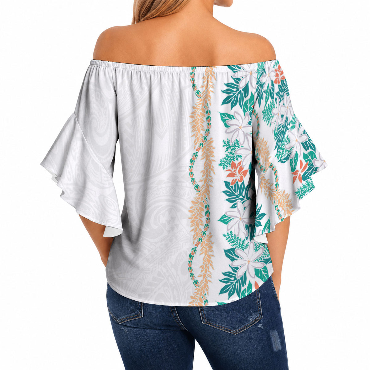 Monstera Tiare Plumeria Off Shoulder Wrap Waist Top Teal Polynesian Pattern LT01 - Polynesian Pride