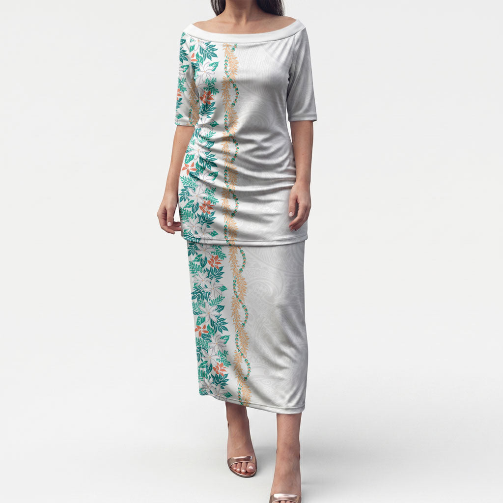 Monstera Tiare Plumeria Puletasi Teal Polynesian Pattern LT01 Long Dress Teal - Polynesian Pride