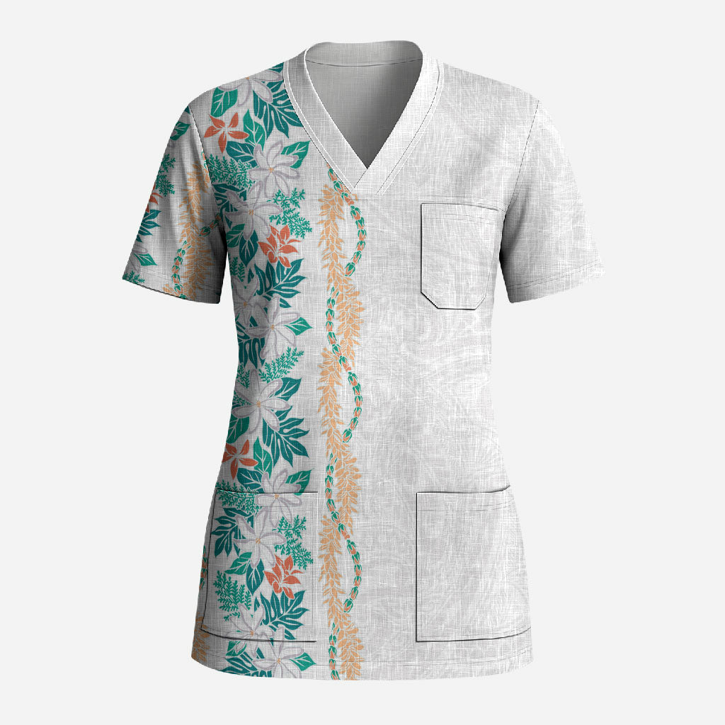 Monstera Tiare Plumeria Scrub Top Teal Polynesian Pattern LT01 Adult Teal - Polynesian Pride