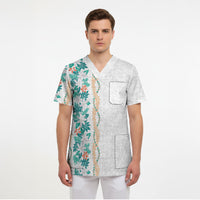 Monstera Tiare Plumeria Scrub Top Teal Polynesian Pattern LT01 - Polynesian Pride