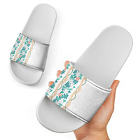 Monstera Tiare Plumeria Slide Sandals Teal Polynesian Pattern LT01 - Polynesian Pride