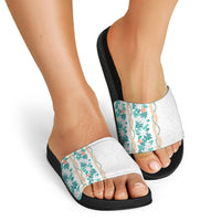 Monstera Tiare Plumeria Slide Sandals Teal Polynesian Pattern LT01 - Polynesian Pride