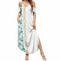 Monstera Tiare Plumeria Summer Maxi Dress Teal Polynesian Pattern LT01 Women Teal - Polynesian Pride