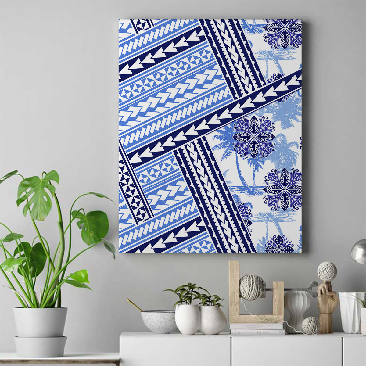 Hawaii Quilt Canvas Wall Art Kakau Polynesian Pattern Blue Version LT01 Blue - Polynesian Pride