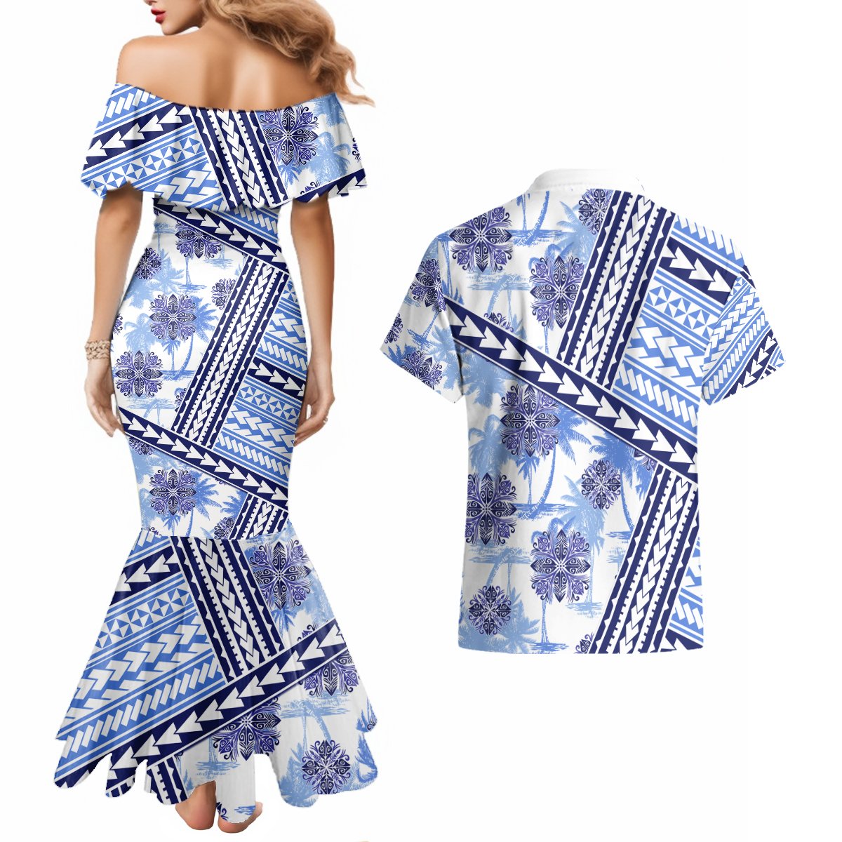 Hawaii Quilt Couples Matching Mermaid Dress and Hawaiian Shirt Kakau Polynesian Pattern Blue Version LT01 - Polynesian Pride