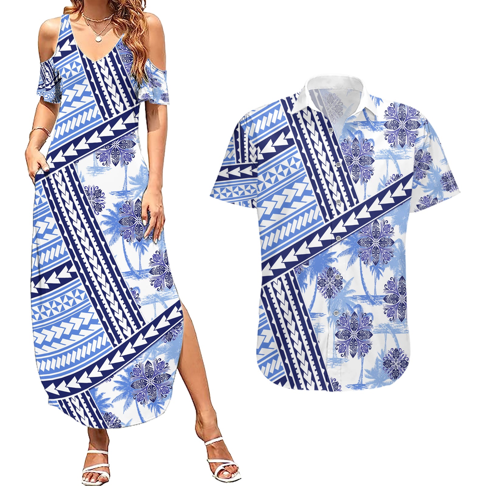 Hawaii Quilt Couples Matching Summer Maxi Dress and Hawaiian Shirt Kakau Polynesian Pattern Blue Version LT01 Blue - Polynesian Pride
