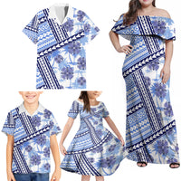 Hawaii Quilt Family Matching Off Shoulder Maxi Dress and Hawaiian Shirt Kakau Polynesian Pattern Blue Version LT01 - Polynesian Pride