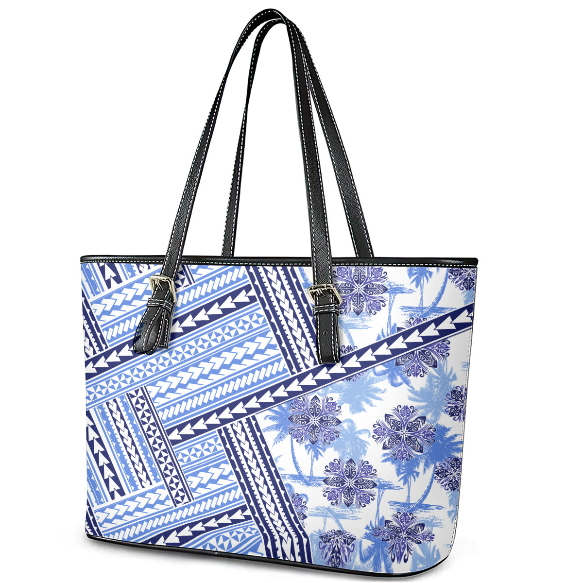 Hawaii Quilt Leather Tote Bag Kakau Polynesian Pattern Blue Version LT01 - Polynesian Pride
