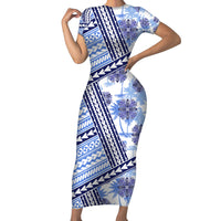 Hawaii Quilt Short Sleeve Bodycon Dress Kakau Polynesian Pattern Blue Version LT01 Long Dress Blue - Polynesian Pride