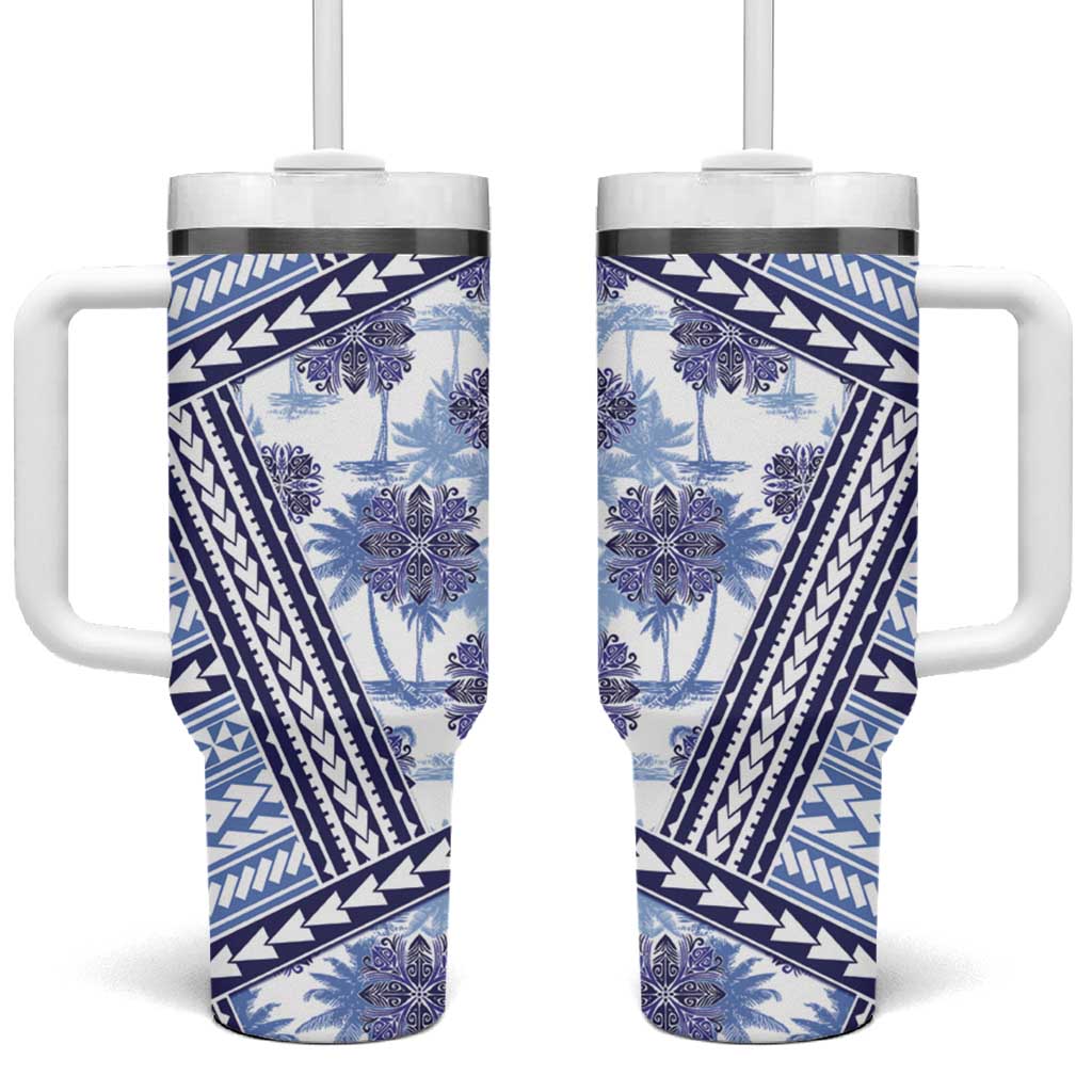 Hawaii Quilt Tumbler With Handle Kakau Polynesian Pattern Blue Version