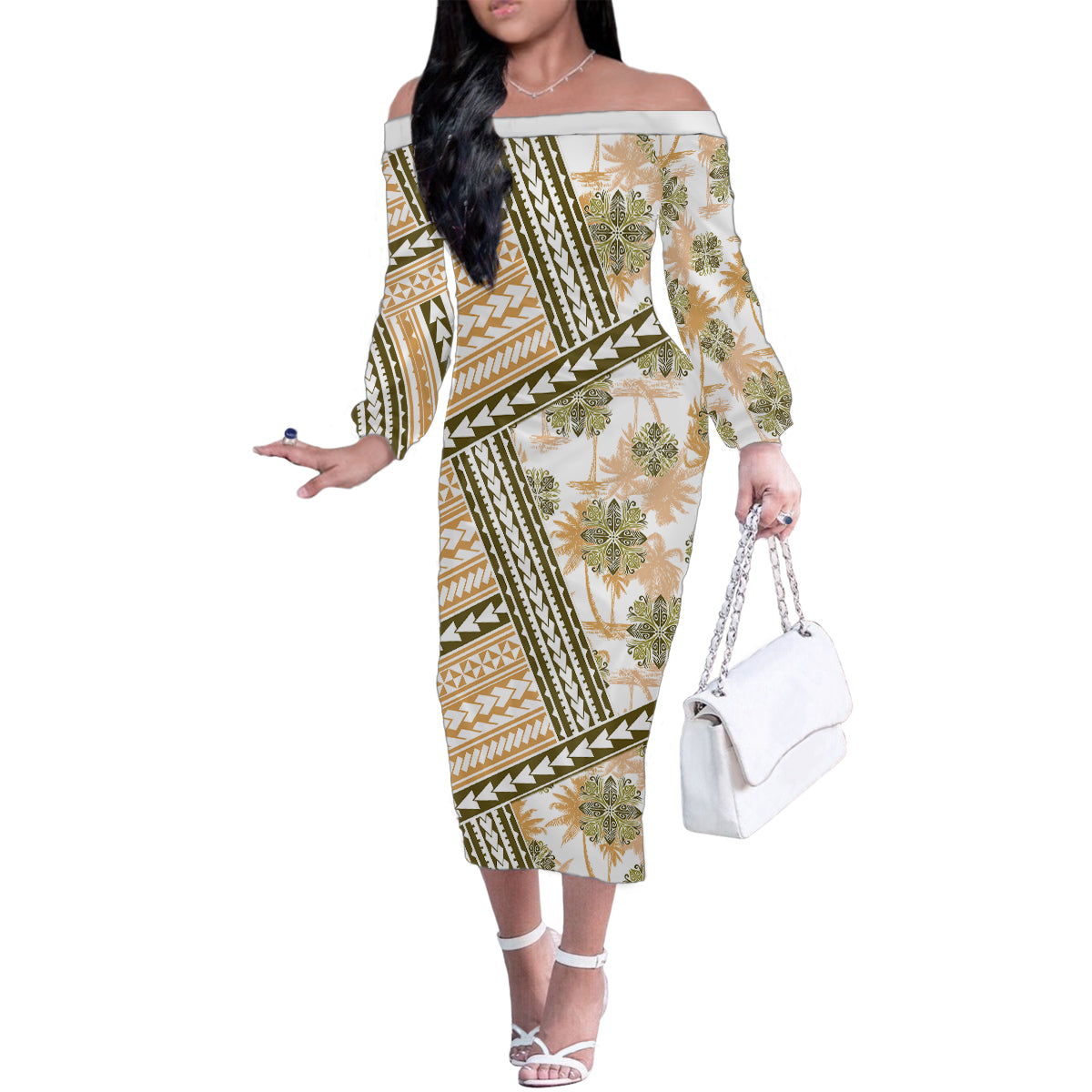 Hawaii Quilt Family Matching Off Shoulder Long Sleeve Dress and Hawaiian Shirt Kakau Polynesian Pattern Gold Version LT01 Mom's Dress Gold - Polynesian Pride