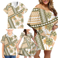 Hawaii Quilt Family Matching Off Shoulder Short Dress and Hawaiian Shirt Kakau Polynesian Pattern Gold Version LT01 - Polynesian Pride