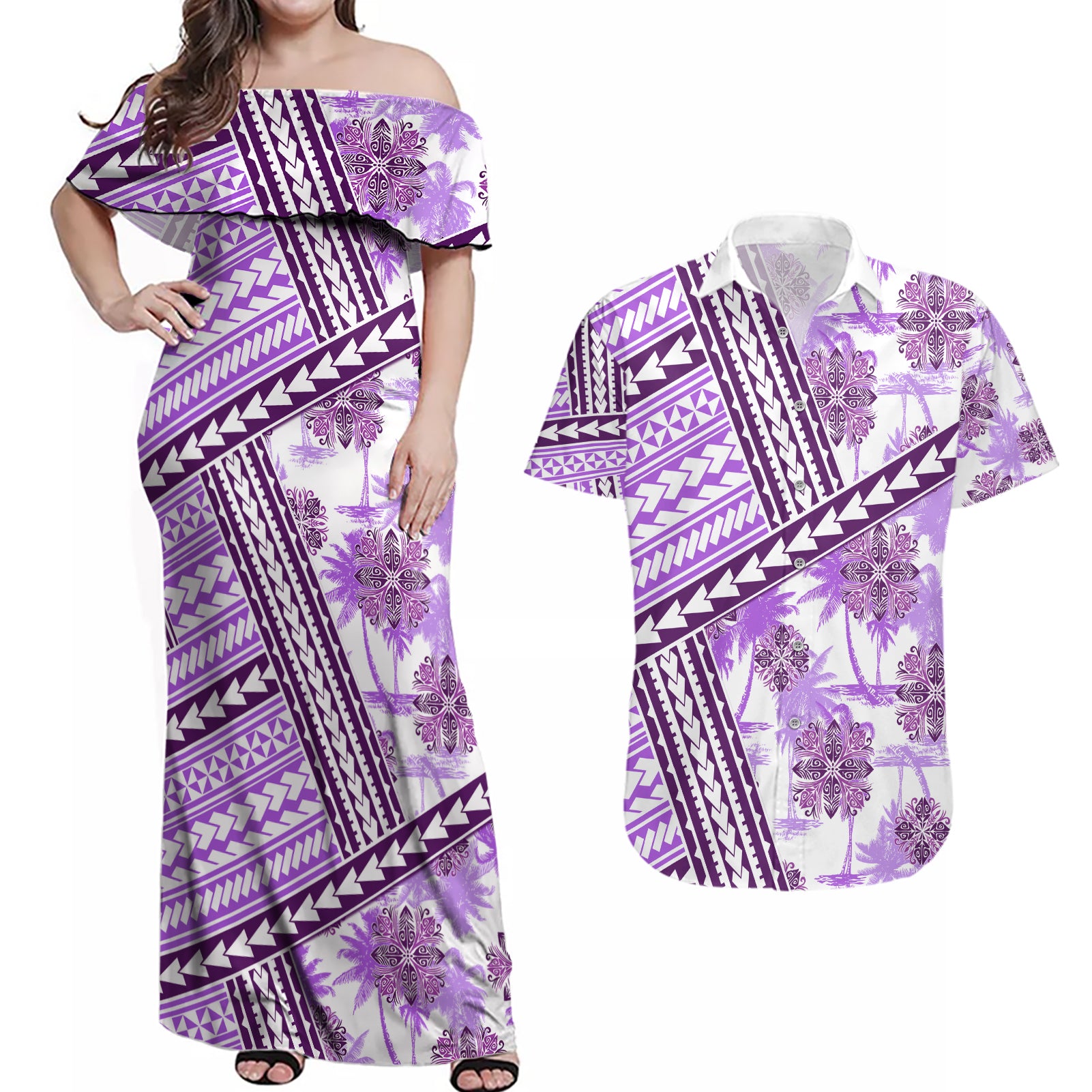 Hawaii Quilt Couples Matching Off Shoulder Maxi Dress and Hawaiian Shirt Kakau Polynesian Pattern Lilac Version LT01 Purple - Polynesian Pride