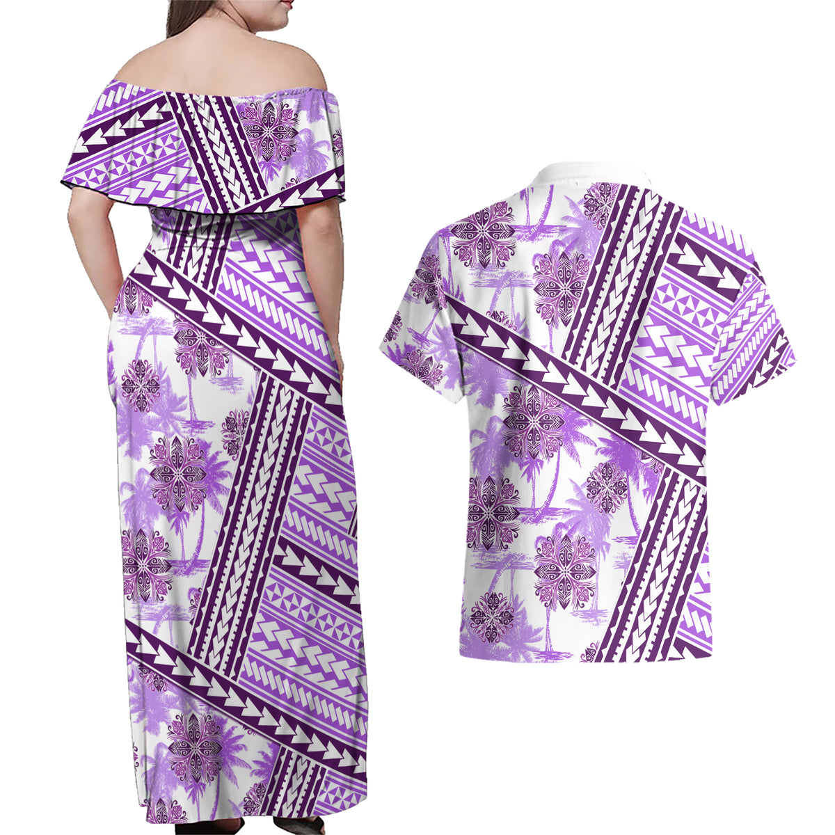 Hawaii Quilt Couples Matching Off Shoulder Maxi Dress and Hawaiian Shirt Kakau Polynesian Pattern Lilac Version LT01 - Polynesian Pride