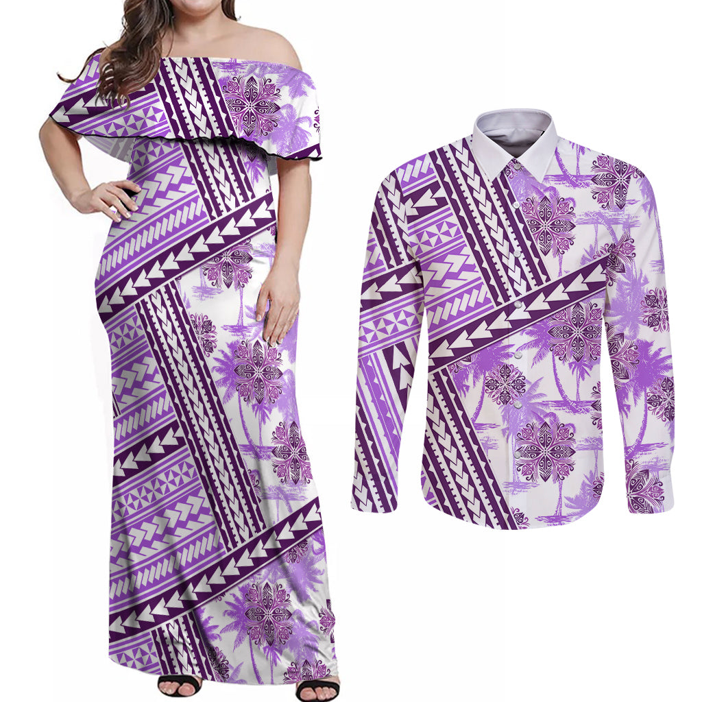 Hawaii Quilt Couples Matching Off Shoulder Maxi Dress and Long Sleeve Button Shirt Kakau Polynesian Pattern Lilac Version LT01 Purple - Polynesian Pride