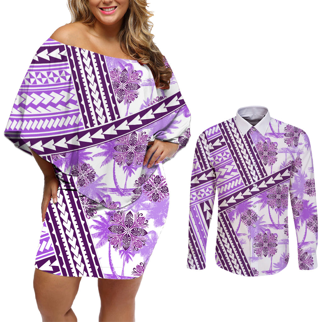 Hawaii Quilt Couples Matching Off Shoulder Short Dress and Long Sleeve Button Shirt Kakau Polynesian Pattern Lilac Version LT01 Purple - Polynesian Pride