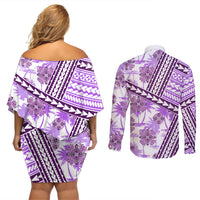 Hawaii Quilt Couples Matching Off Shoulder Short Dress and Long Sleeve Button Shirt Kakau Polynesian Pattern Lilac Version LT01 - Polynesian Pride