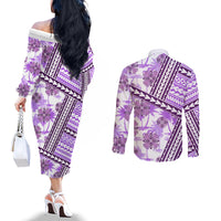 Hawaii Quilt Couples Matching Off The Shoulder Long Sleeve Dress and Long Sleeve Button Shirt Kakau Polynesian Pattern Lilac Version LT01 - Polynesian Pride