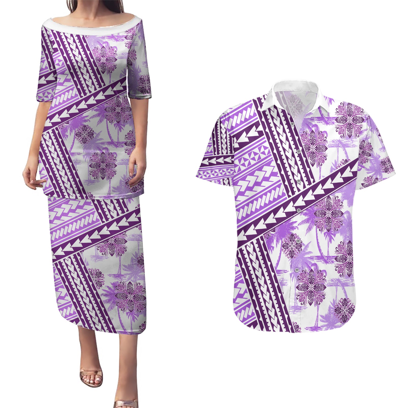 Hawaii Quilt Couples Matching Puletasi Dress and Hawaiian Shirt Kakau Polynesian Pattern Lilac Version LT01 Purple - Polynesian Pride