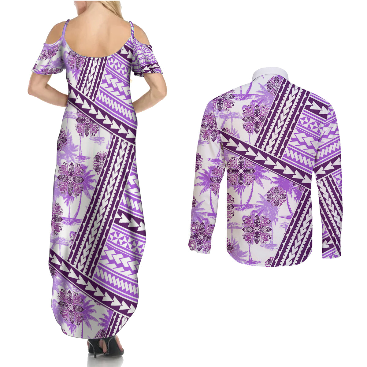 Hawaii Quilt Couples Matching Summer Maxi Dress and Long Sleeve Button Shirt Kakau Polynesian Pattern Lilac Version LT01 - Polynesian Pride