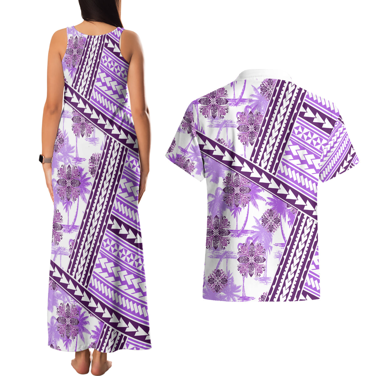 Hawaii Quilt Couples Matching Tank Maxi Dress and Hawaiian Shirt Kakau Polynesian Pattern Lilac Version LT01 - Polynesian Pride