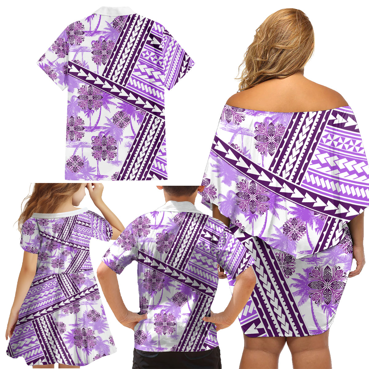 Hawaii Quilt Family Matching Off Shoulder Short Dress and Hawaiian Shirt Kakau Polynesian Pattern Lilac Version LT01 - Polynesian Pride