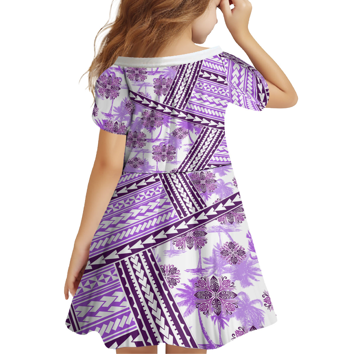 Hawaii Quilt Kid Short Sleeve Dress Kakau Polynesian Pattern Lilac Version LT01 - Polynesian Pride