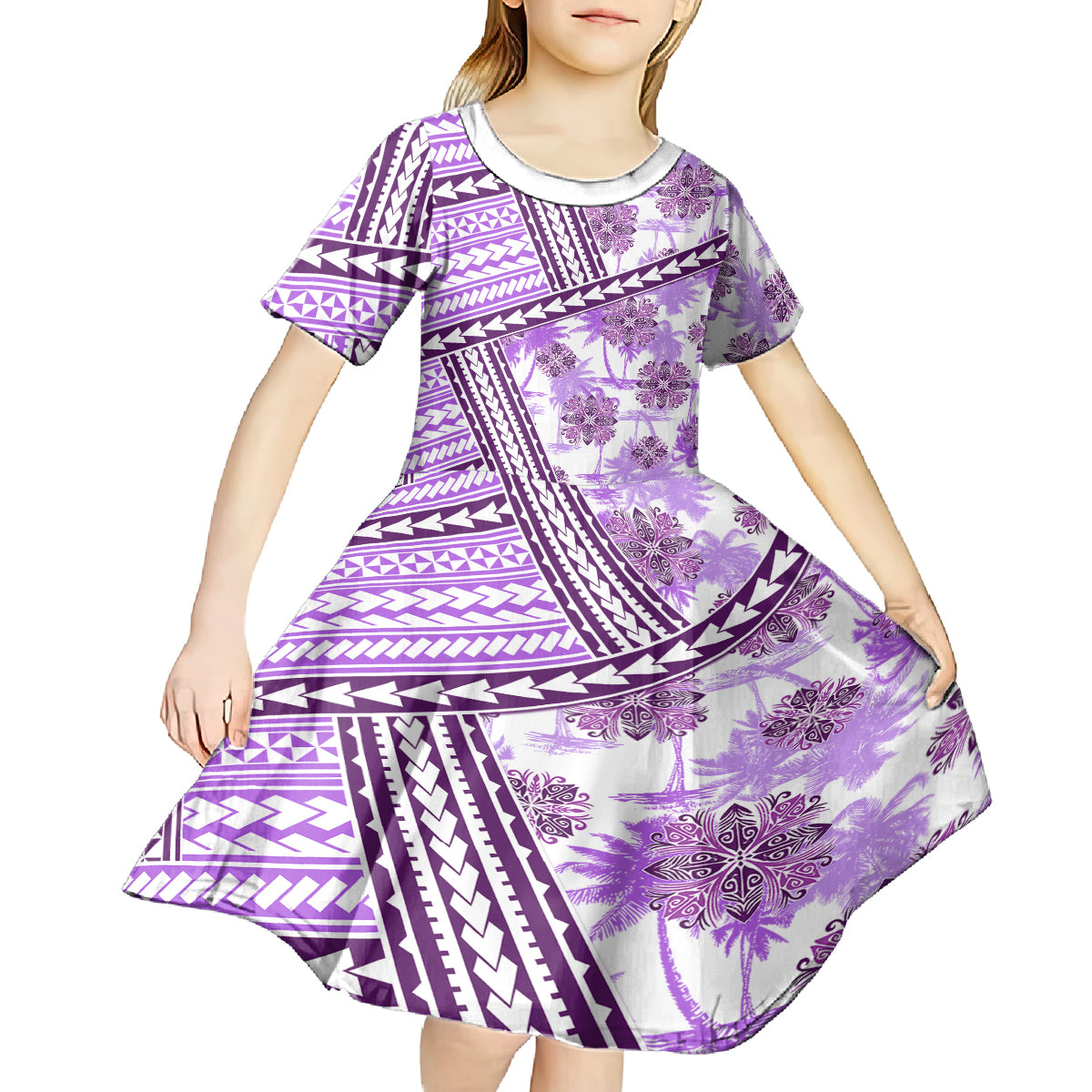 Hawaii Quilt Kid Short Sleeve Dress Kakau Polynesian Pattern Lilac Version LT01 - Polynesian Pride