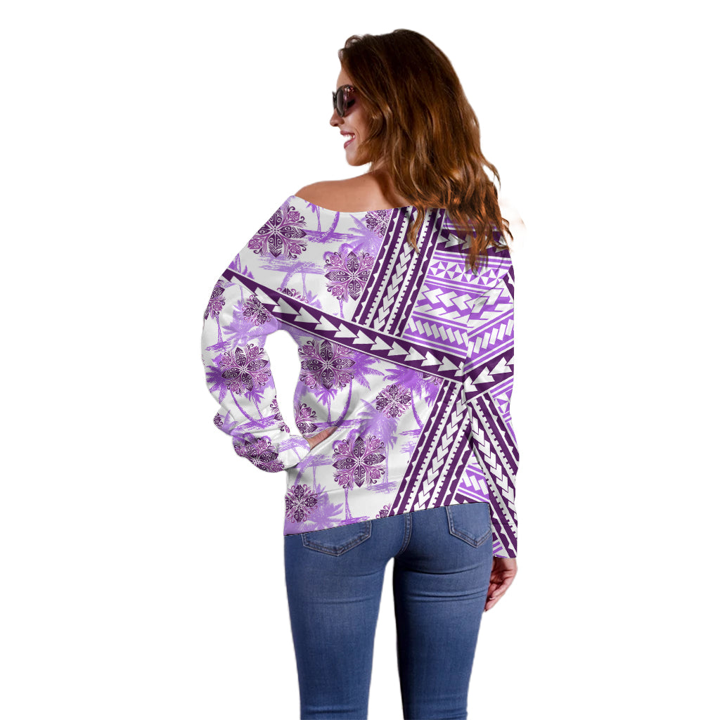 Hawaii Quilt Off Shoulder Sweater Kakau Polynesian Pattern Lilac Version LT01 - Polynesian Pride