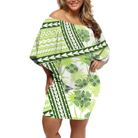 Hawaii Quilt Off Shoulder Short Dress Kakau Polynesian Pattern Olive Green Version LT01 Women Green - Polynesian Pride