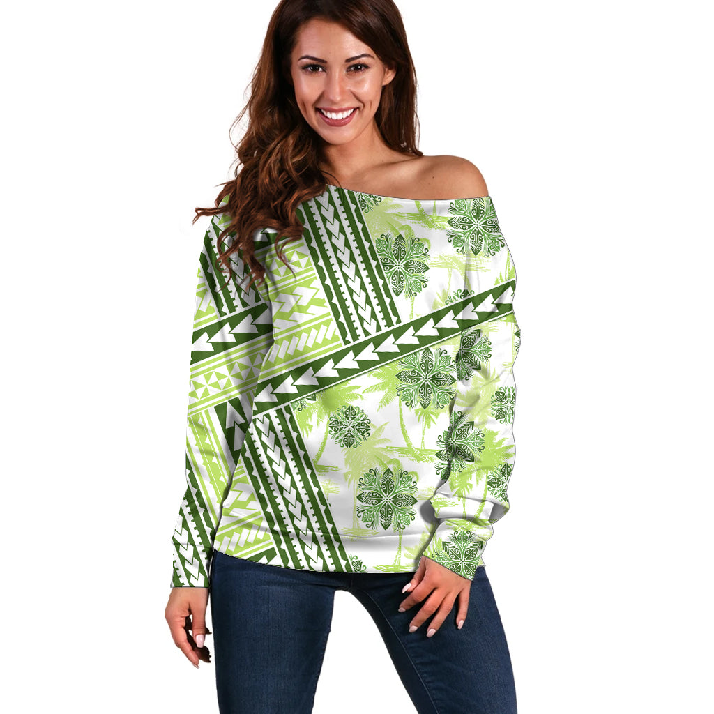 Hawaii Quilt Off Shoulder Sweater Kakau Polynesian Pattern Olive Green Version LT01 Women Green - Polynesian Pride