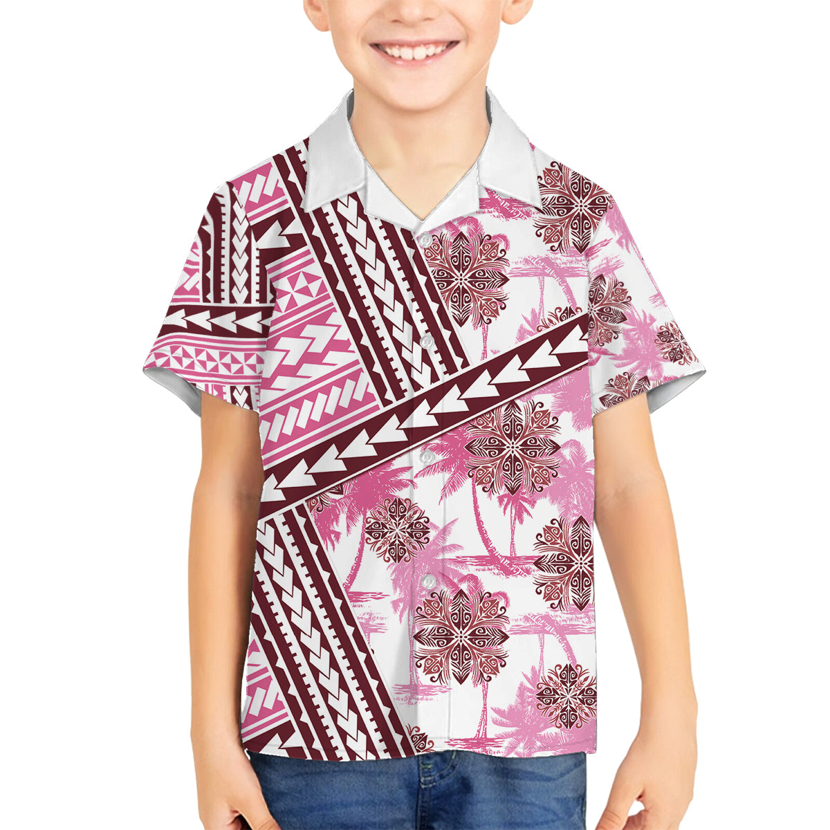 Hawaii Quilt Family Matching Off Shoulder Long Sleeve Dress and Hawaiian Shirt Kakau Polynesian Pattern Mauve Pink Version LT01 Son's Shirt Pink - Polynesian Pride