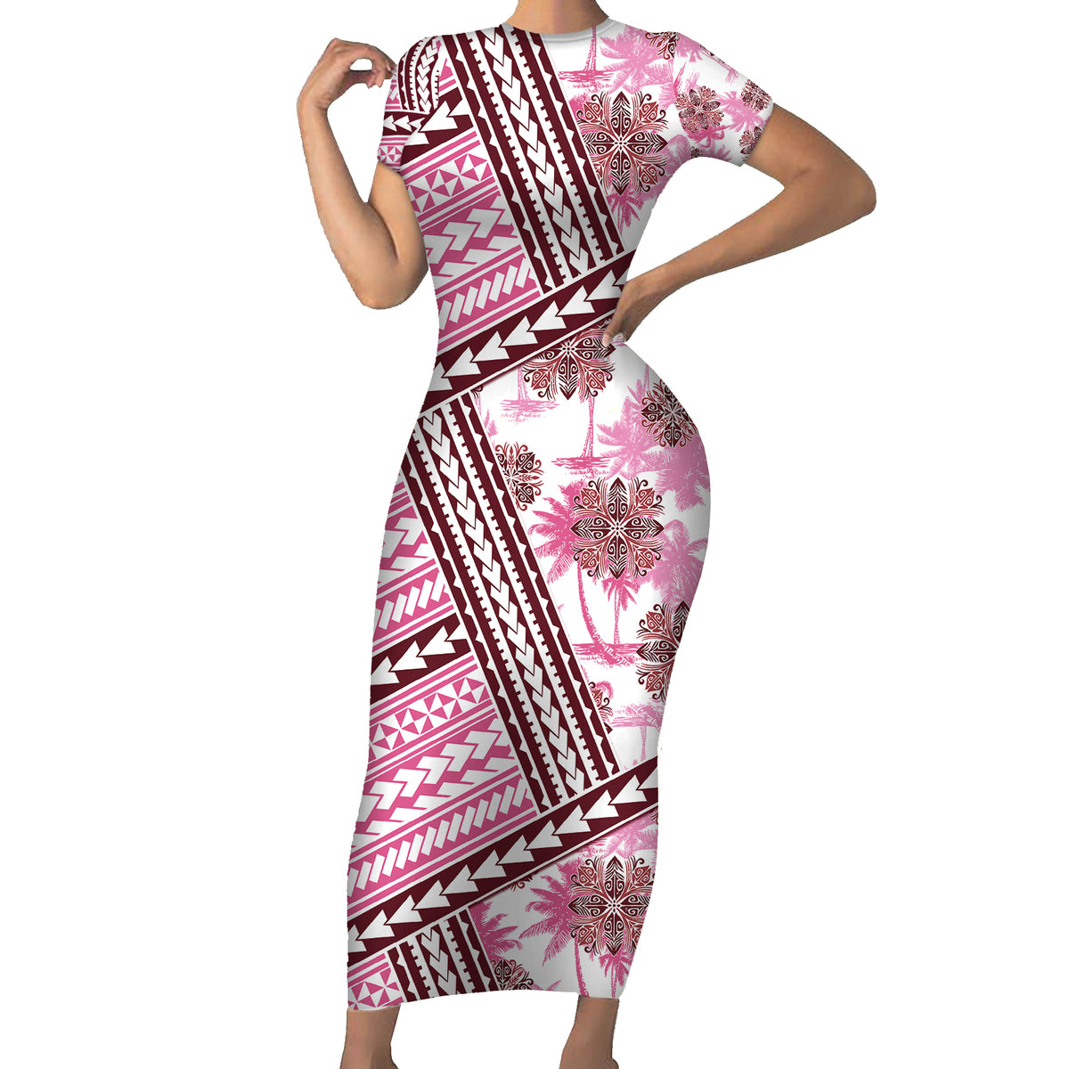 Hawaii Quilt Family Matching Short Sleeve Bodycon Dress and Hawaiian Shirt Kakau Polynesian Pattern Mauve Pink Version LT01 Mom's Dress Pink - Polynesian Pride
