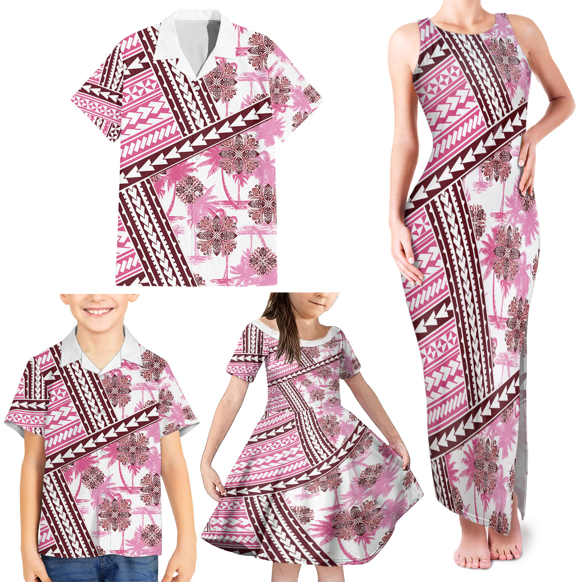 Hawaii Quilt Family Matching Tank Maxi Dress and Hawaiian Shirt Kakau Polynesian Pattern Mauve Pink Version LT01 - Polynesian Pride