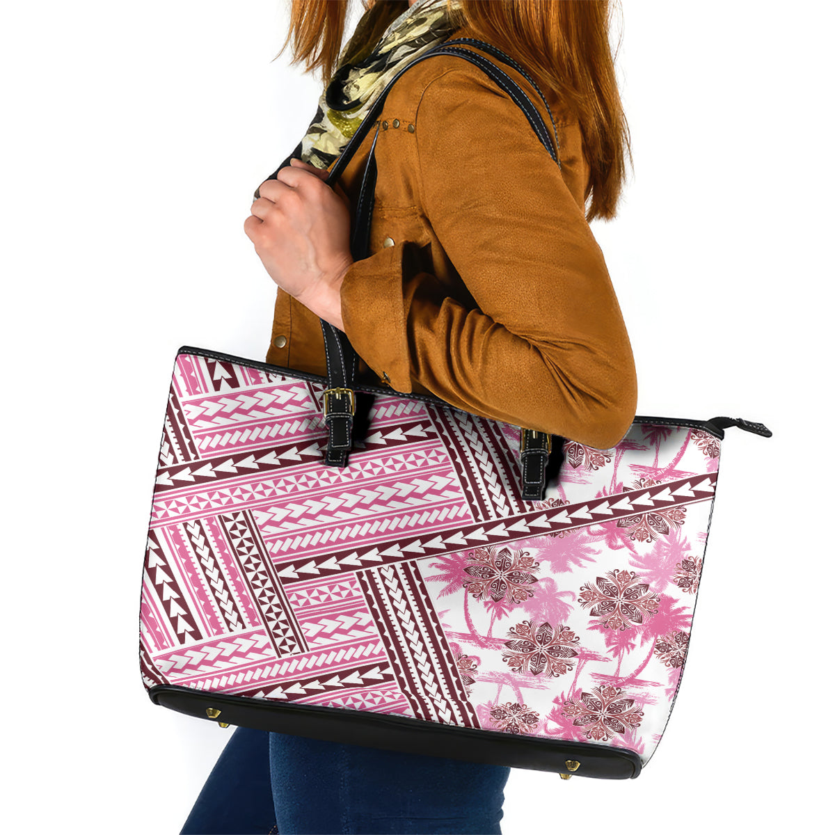 Hawaii Quilt Leather Tote Bag Kakau Polynesian Pattern Mauve Pink Version LT01 Pink - Polynesian Pride